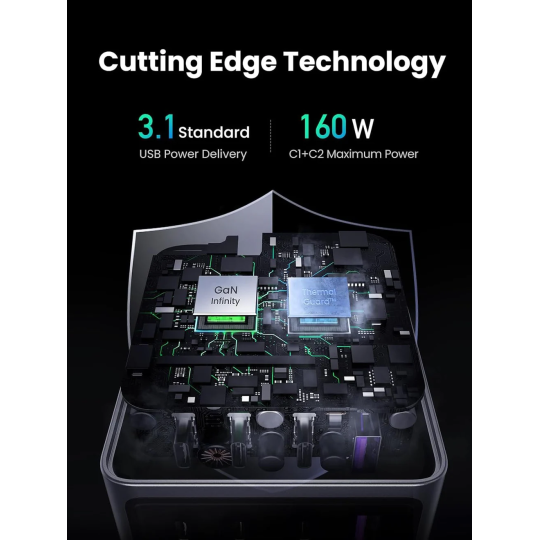 UGREEN USB-A+3*USB-C 160W  GaN Tech Fast Charger EU Grey（ folding foot）+ 1M  100W cable - X763 - 25877