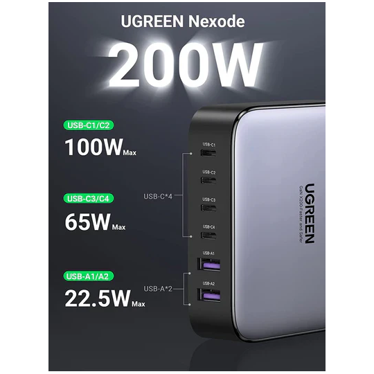 UGREEN 2*USB-A+4*USB-C 200W Desktop Fast Charger EU Black - CD271 - 40914