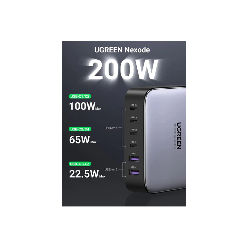 UGREEN 2*USB-A+4*USB-C 200W Desktop Fast Charger EU Black - CD271 - 40914