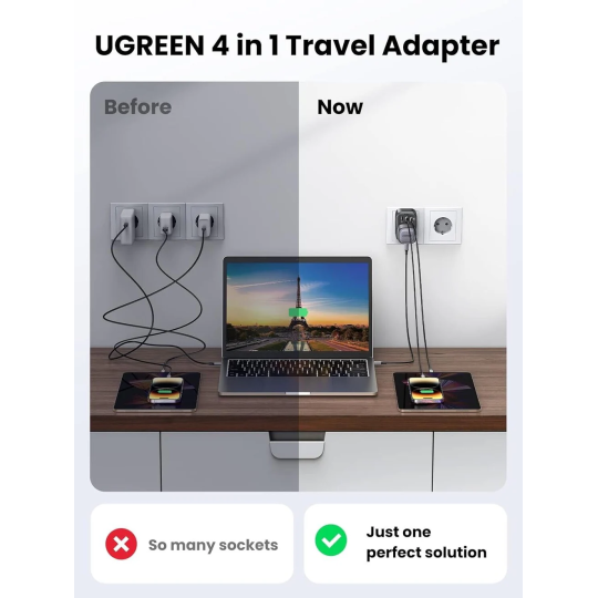 UGREEN Outlet Extender Converter(1 AC Outlets +  30W 2A1C) EU Socket and UK Plug - CD314 - 15261