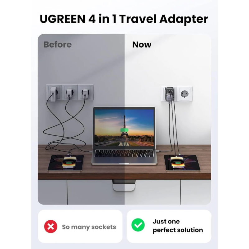 UGREEN Outlet Extender Converter(1 AC Outlets +  30W 2A1C) EU Socket and UK Plug - CD314 - 15261