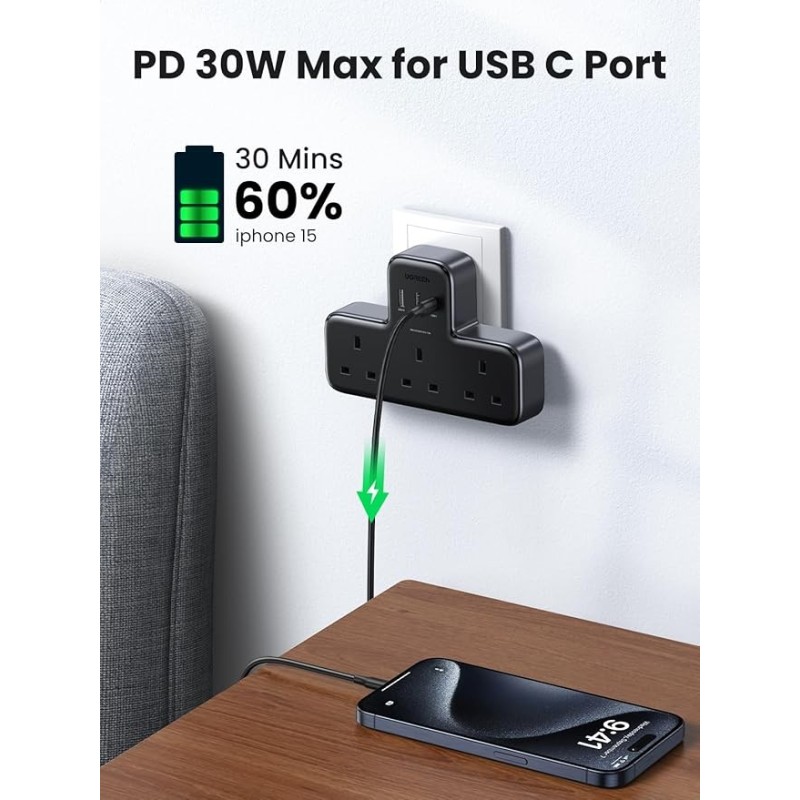 UGREEN DigiNest Power Strip(3 AC Outlets + 30W 2A1C) UK - S530 - 15360