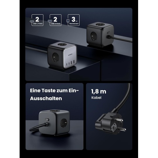 UGREEN DigiNest Cube Power Strip (3 AC Outlets +  65W 2A2C) EU Black - CD268 - 60113