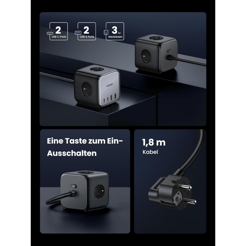 UGREEN DigiNest Cube Power Strip (3 AC Outlets +  65W 2A2C) EU Black - CD268 - 60113