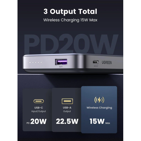 UGREEN 10000mAh MIni Magnetic Wireless 20W Power Bank With Hoder - PB206 - 15086