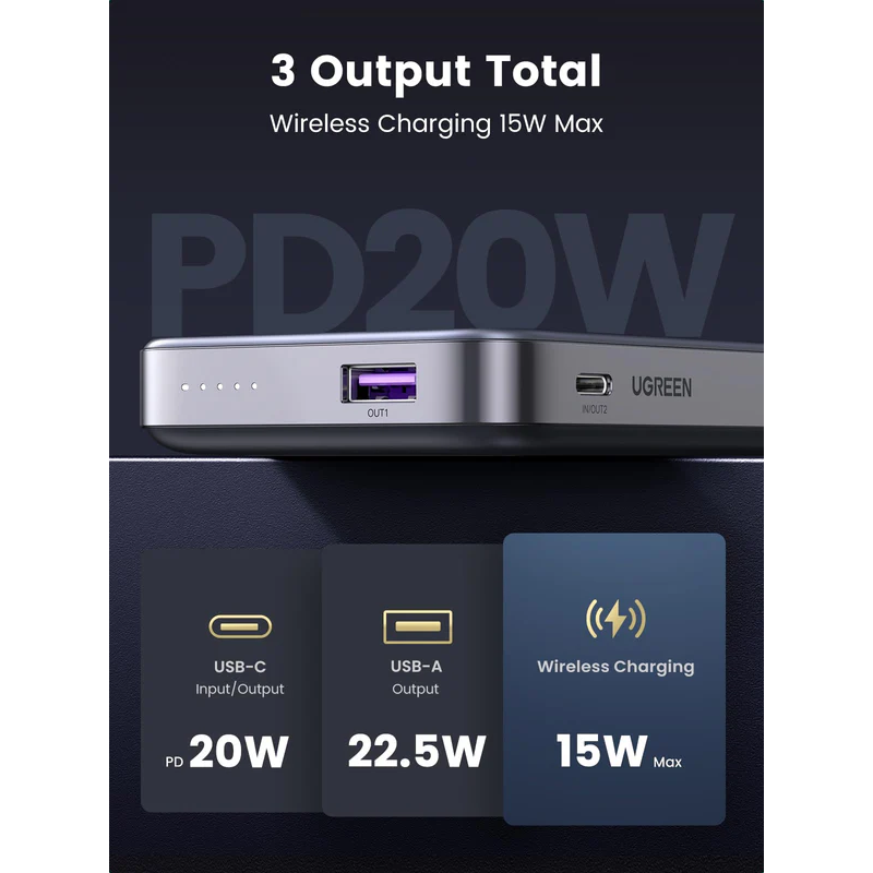 UGREEN 10000mAh MIni Magnetic Wireless 20W Power Bank With Hoder - PB206 - 15086
