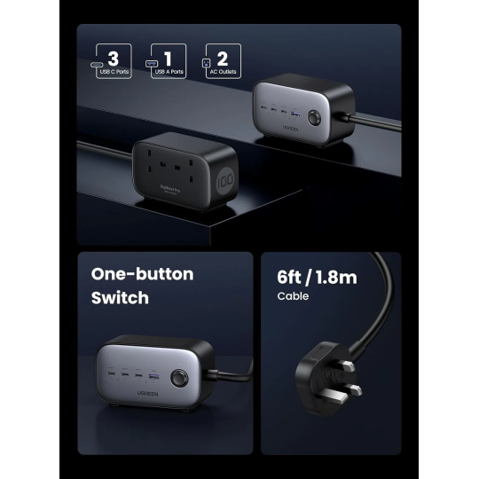 UGREEN DigiNest Pro Power Strip(2 AC Outlets +  100W  3C1A) UK - CD270 - 60168