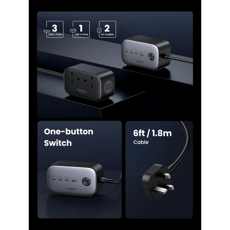 UGREEN DigiNest Pro Power Strip(2 AC Outlets +  100W  3C1A) UK - CD270 - 60168