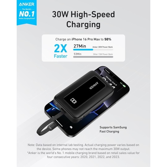 Anker Power Bank (10K,30W, Built-In USB-C Cable)Zolo Blue - A1688H11