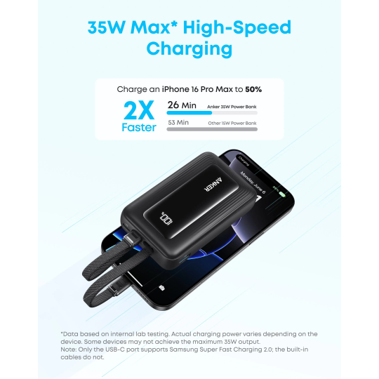 Anker Anker Zolo Power Bank (10K, 35W, Built-In Dual USB-C Cables) - A1680H12