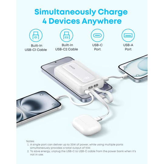 Anker Anker Zolo Power Bank (10K, 35W, Built-In Dual USB-C Cables) - A1680H12