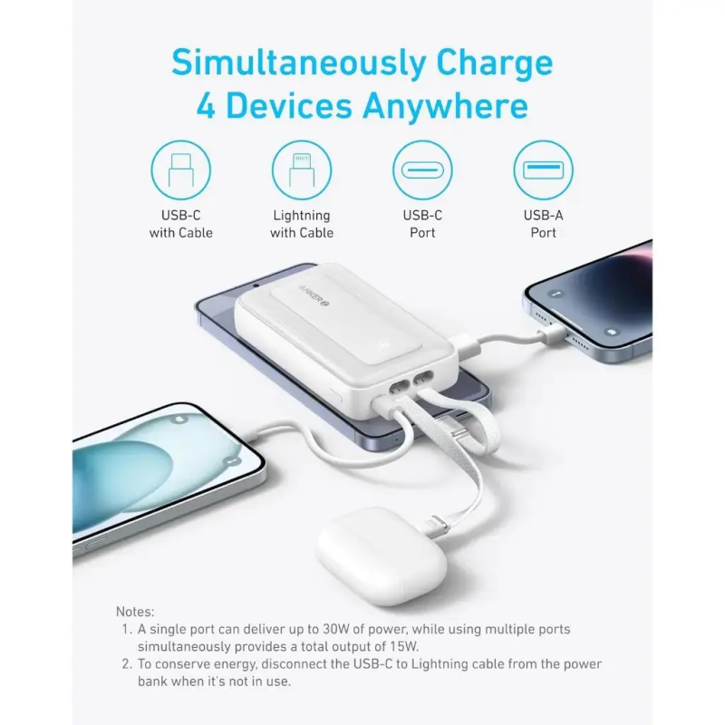 Anker Power Bank (10K,30W, Built-In USB-C+Lightning Cable) - A1680H11