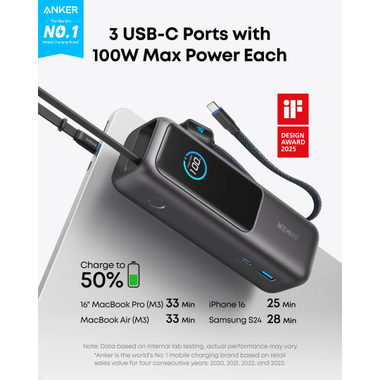 Anker Power Bank (25K, 165W, Built-In USB-C and Retractable Cable) - A1695H11