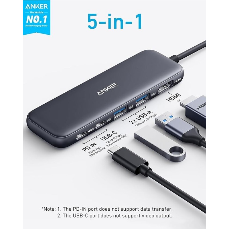 Anker USB C Hub, 5-in-1 USBC to HDMI Splitter with 4K Display - A8355H11