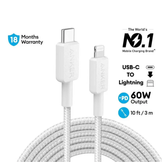 Anker 322 USB-C to  Lightning Cable (10ft Braided) White - A81B7H11