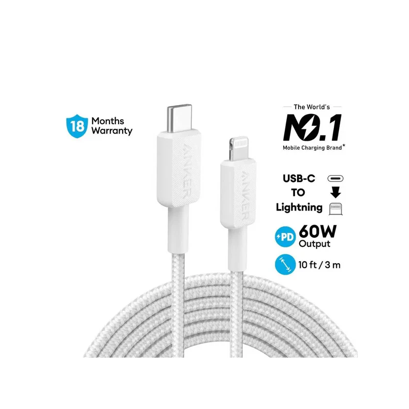 Anker 322 USB-C to  Lightning Cable (10ft Braided) White - A81B7H11