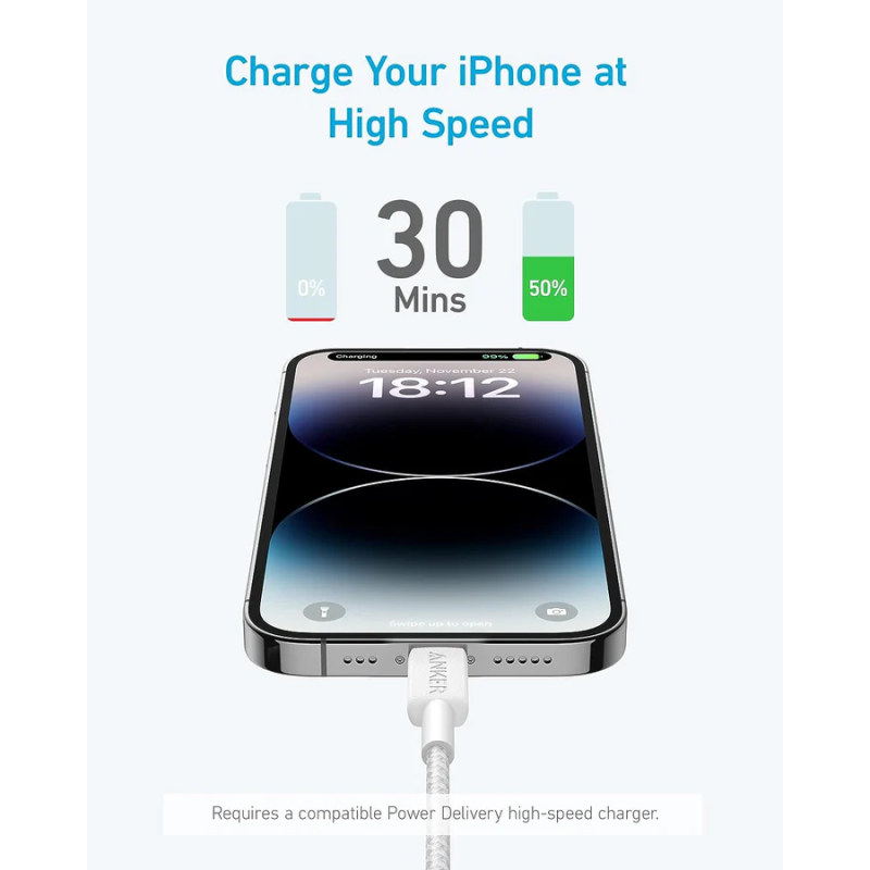 Anker 322 USB-C to Lightning Cable Braided - 1.8m/6ft -Black - A81B6H11 - A81B6H21