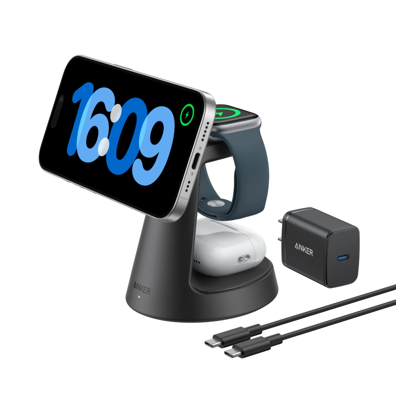 Anker MagGo Wireless Charging Station (3-in-1, Dock Stand) cable and charger bundle (G)- Europe (excluded UK plug) - B25M4G11