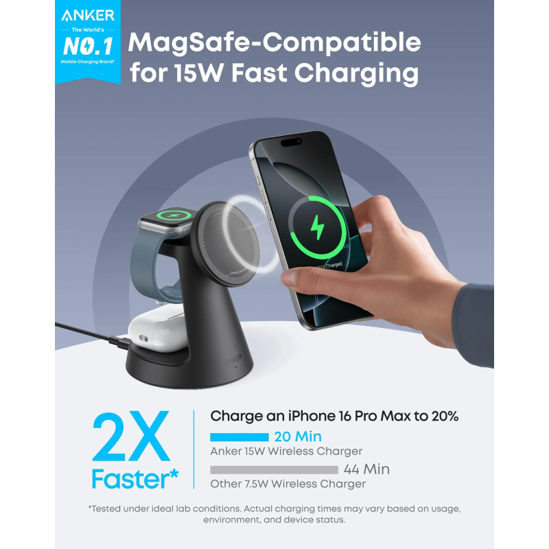 Anker MagGo Wireless Charging Station (3-in-1, Dock Stand) cable and charger bundle (G)- Europe (excluded UK plug) - B25M4G11