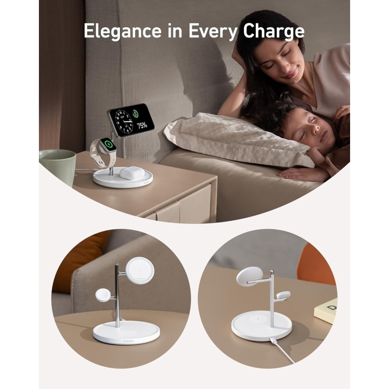 Anker MagGo Wireless Charging Station (15W, 3-in-1 Stand) Cable and Charger Bundle - B25M3311ff