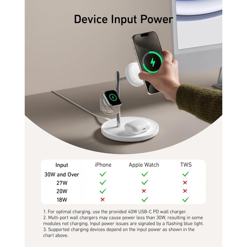 Anker MagGo Wireless Charging Station (15W, 3-in-1 Stand) Cable and Charger Bundle - B25M3311ff