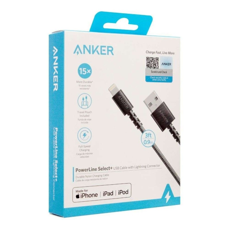 Anker PowerLine Select+ USB Cable with Lightning connector 3ft - Black - A8012H12
