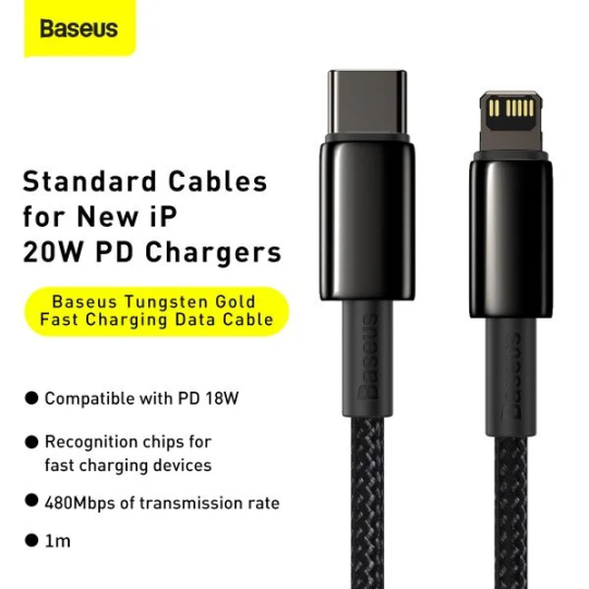 Baseus Tungsten Gold Fast Charging Data Cable Type-C to iP PD 20W 1m Black - CATLWJ-01