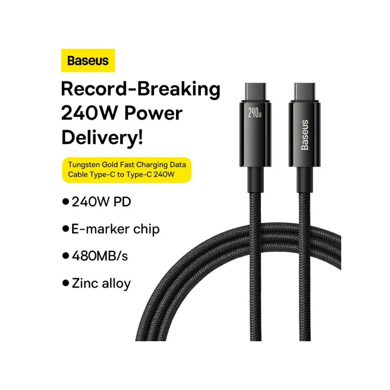 Baseus Tungsten Gold Fast Charging Data Cable Type-C to Type-C 240W Black - CAWJ040201