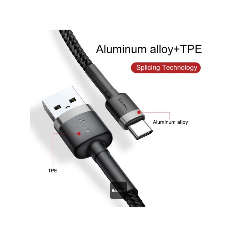 Baseus cafule Cable USB For Type-C 3A 1m Gray+Black  - CATKLF-BG1