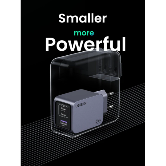 UGREEN 65W GaN Fast Charger – 2×USB-C + 1×USB-A, PD3.0/PPS/QC, Compact Multi-Device Laptop & Phone Charger - X755 - 25871