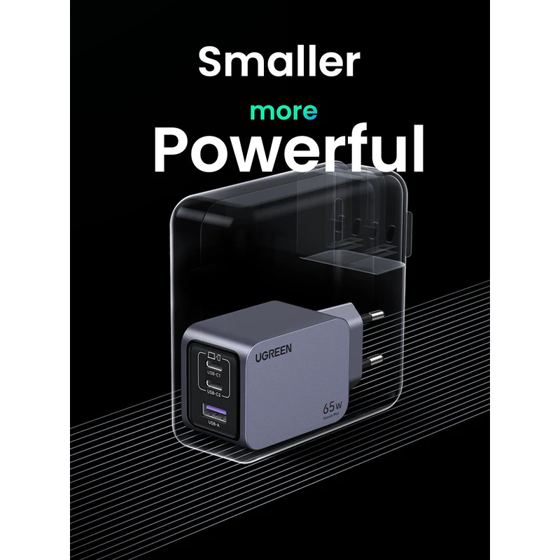 UGREEN 65W GaN Fast Charger – 2×USB-C + 1×USB-A, PD3.0/PPS/QC, Compact Multi-Device Laptop & Phone Charger - X755 - 25871