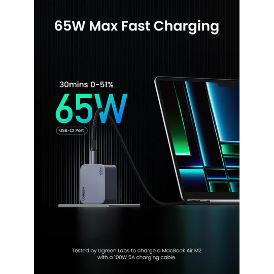 UGREEN 65W GaN Fast Charger – 2×USB-C + 1×USB-A, PD3.0/PPS/QC, Compact Multi-Device Laptop & Phone Charger - X755 - 25871