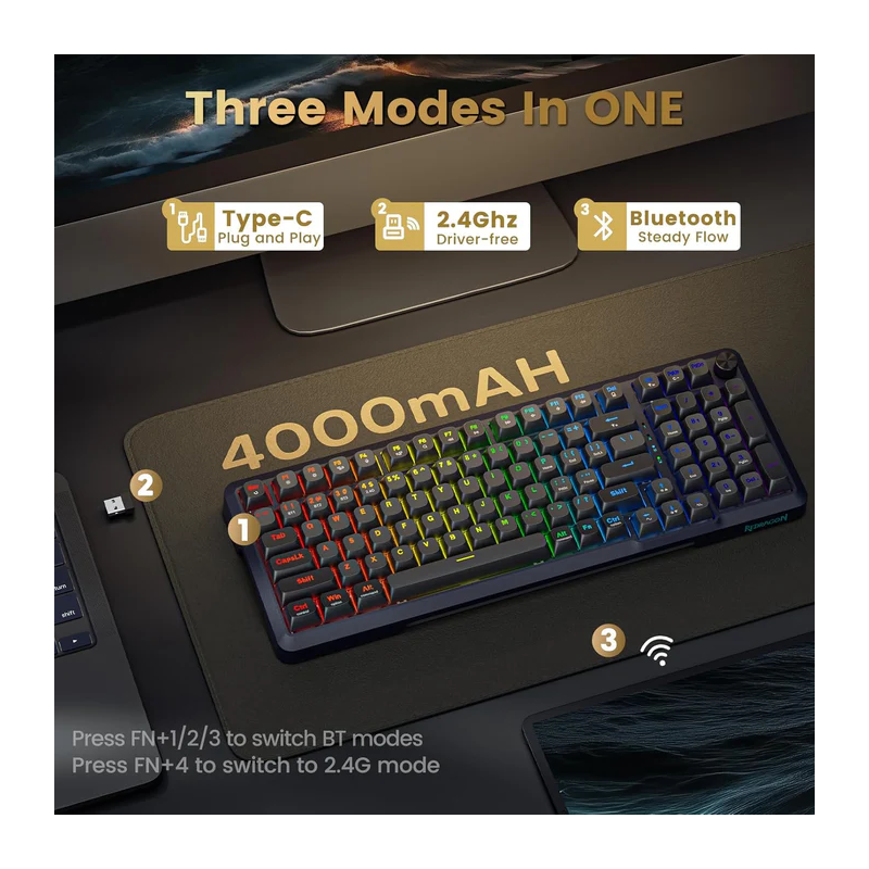 Redragon K688 Wireless Mechanical Keyboard, 3 Mode Gasket Mounted Rgb Gaming