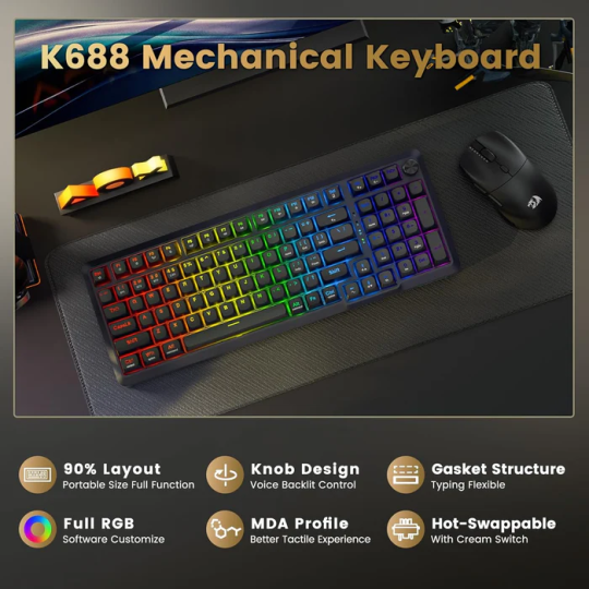 Redragon K688 Wireless Mechanical Keyboard, 3 Mode Gasket Mounted Rgb Gaming