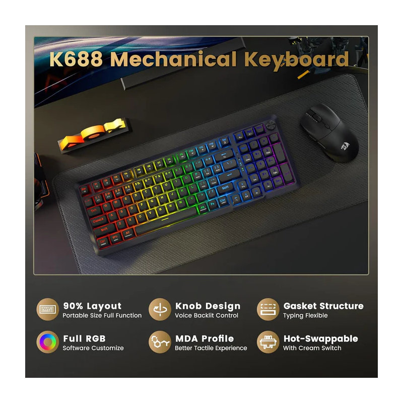 Redragon K688 Wireless Mechanical Keyboard, 3 Mode Gasket Mounted Rgb Gaming