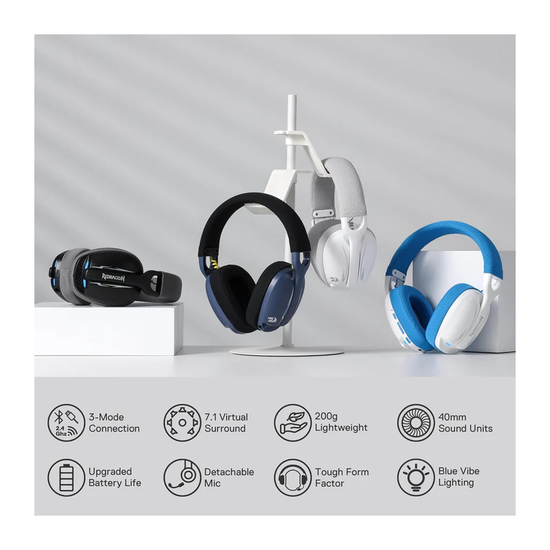 Redragon H878 3-mode Wireless Blue Lighting Gaming Headset - Lightweight - 7.1