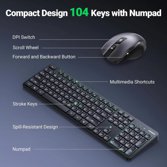 UGREEN Wireless Keyboard and Mouse Combo - MK006 - 45248