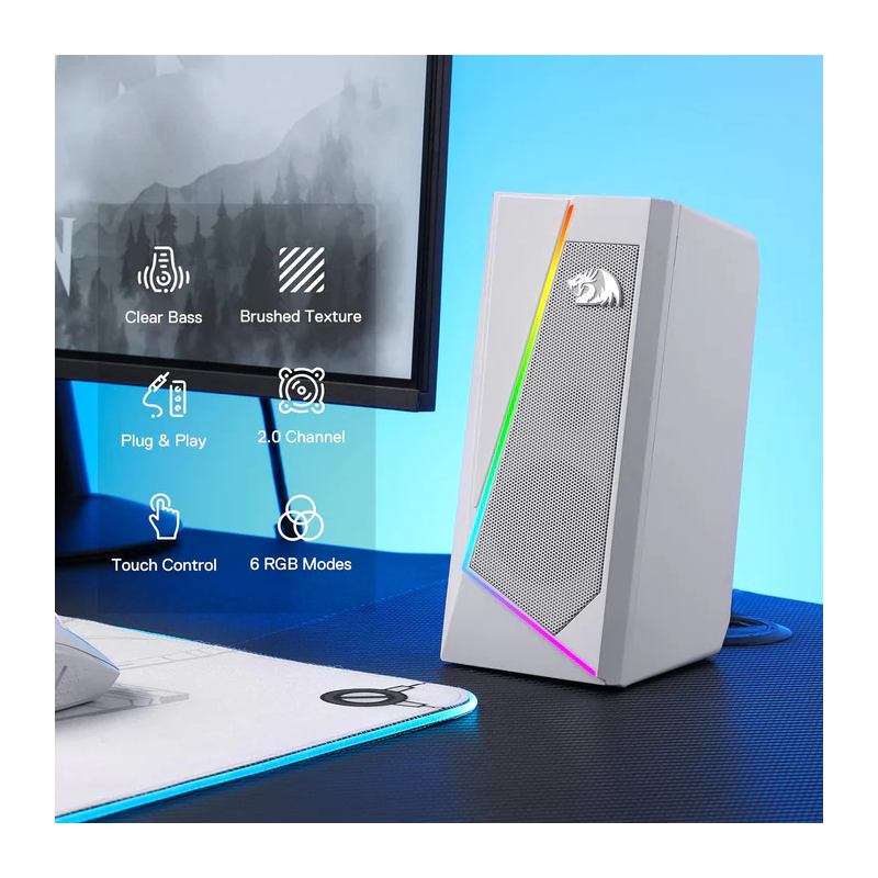 Redragon GS520 RGB White Desktop Gaming Speakers – Crystal Clear Sound with Dynamic Lighting