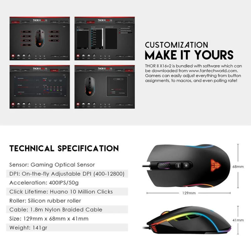 Fantech Thor II X16 V2 Gaming Mouse – Macro & RGB Customizable