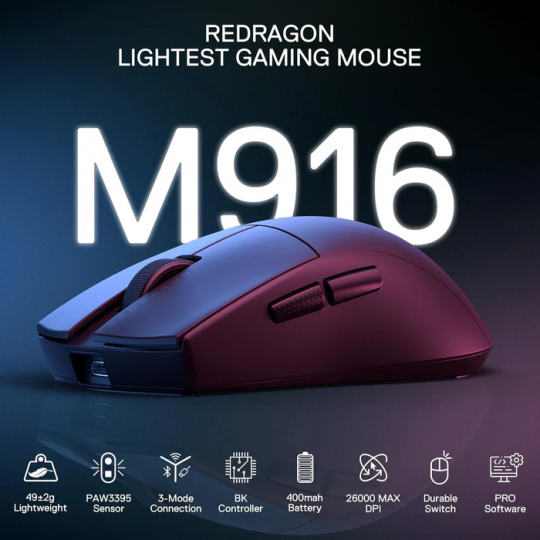 Redragon M916 Pro 4K Wireless Gaming Mouse – 3-Mode, 26,000 DPI, Ultra-Precision