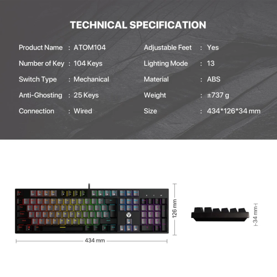 Fantech Atom TKL MK886 V2 Mechanical Keyboard – 104-Keycaps, RGB & Durable