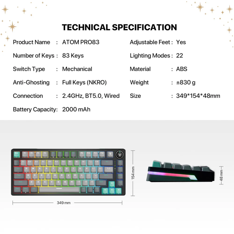 Fantech MK913 Atom Pro83 RGB Wireless Gaming Keyboard – Bluetooth & Saturn Edition