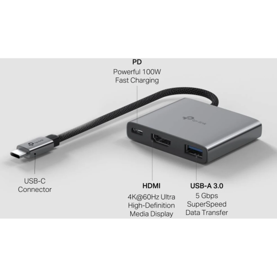 TP-Link UH3020C USB Type-C 3 in 1 Hub, USB 3.0, 5Gbps Data Transfer, USB A, HDMI 4K@60Hz, 100W PD 3.0 Fast Charging