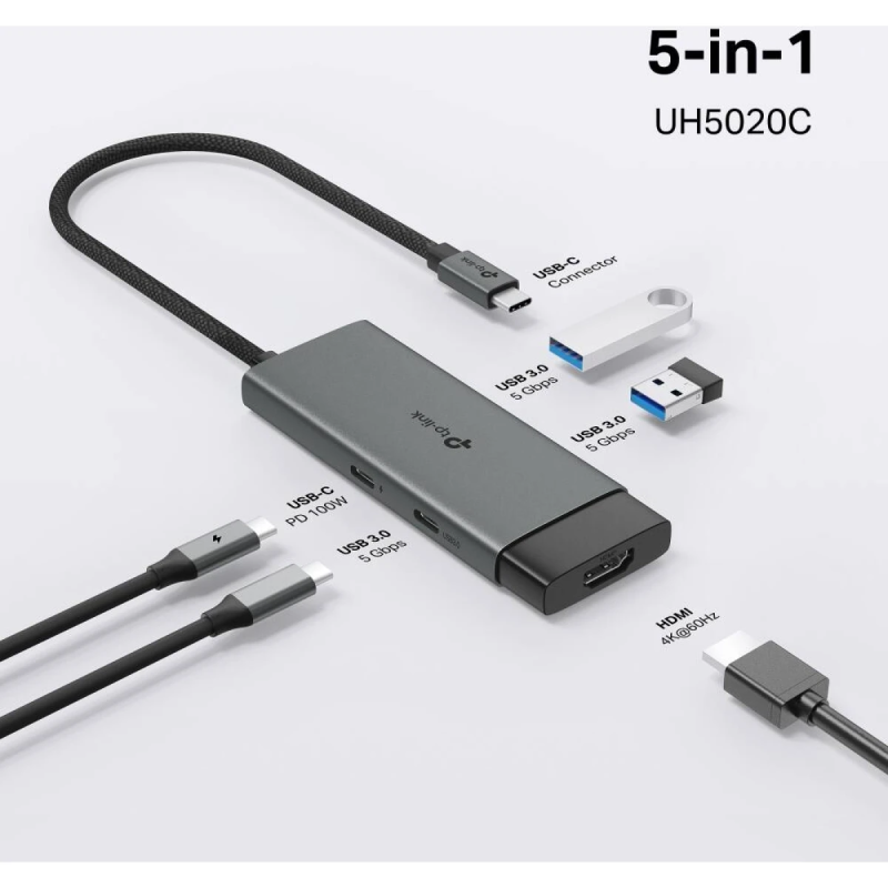 TP-Link UH5020C USB Type-C 5 in 1 Hub, 4K HDMI, PD 100W, USB 3.0, Plug & Play, 5 Gbps SuperSpeed Data Transfer