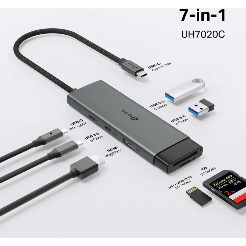 TP-Link UH7020C USB Type-C 7 in 1 Hub, 4K HDMI, SD & microSD UHS-I, PD 100W, USB 3.0