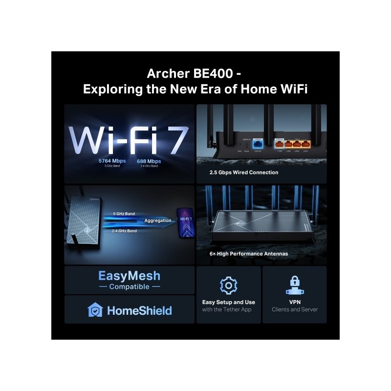 TP LINK Archer BE400 (EU) BE6500 Dual-Band Wi-Fi 7 Router