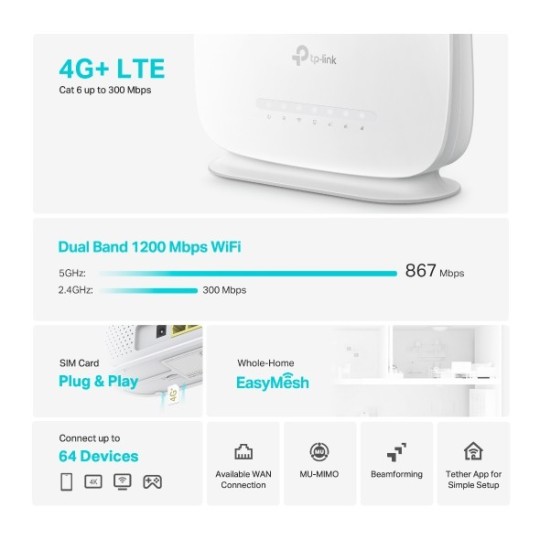 TP-LINK Archer MR505 EU 4G+ Cat6 AC1200 Wireless Dual Band Gigabit Router