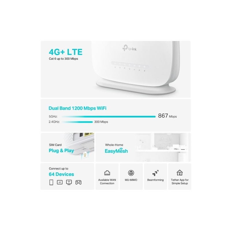 TP-LINK Archer MR505 EU 4G+ Cat6 AC1200 Wireless Dual Band Gigabit Router