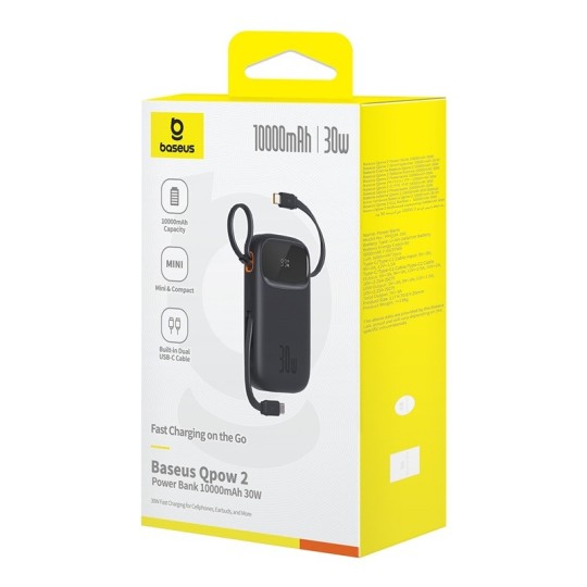 Baseus QPow 2 Digital Display Fast-Charging Power Bank with 2 Built-in Type-C Cable 10000mAh 30W