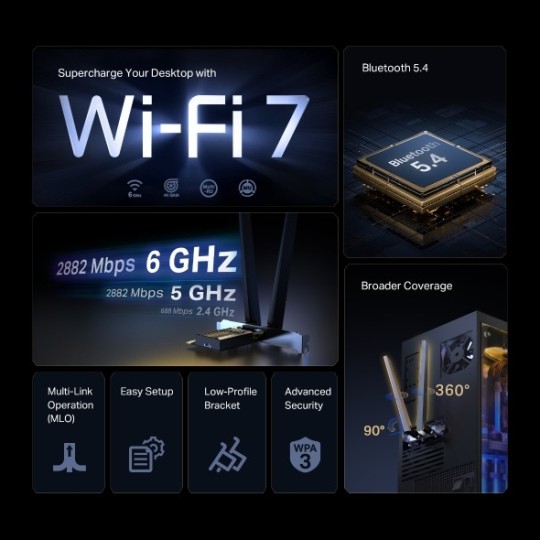 TP-LINK Archer TBE400E (UN)  BE6500 Wi-Fi 7 Bluetooth PCIe Adapter